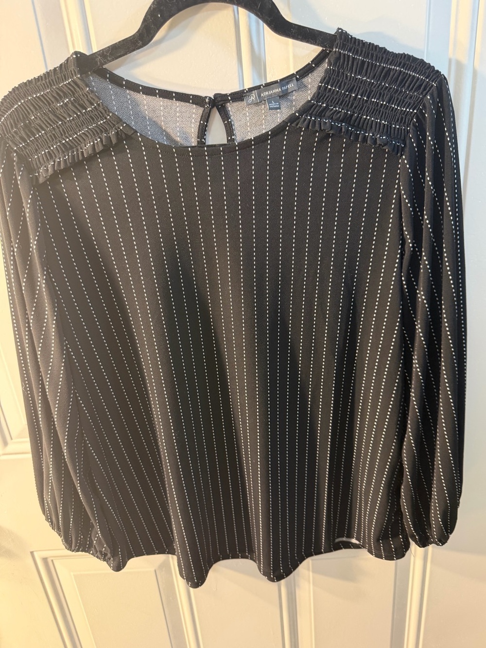 Adrianna Papell Black Pinstripe Smocked-Shoulder Blouse